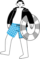 水着姿に浮き輪を片手に歩く男性（シンプル配色）