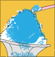 ガラス製のカップに入ったかき氷を掬ってる（カラフルな配色）