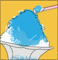 ガラス製のカップに入ったかき氷を掬ってる（カラフルな配色）