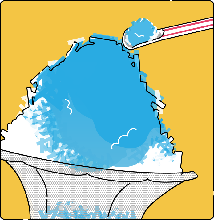 ガラス製のカップに入ったかき氷を掬ってる（カラフルな配色）