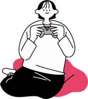 クッションに横座りをしてゲームをしている女性（シンプル配色）