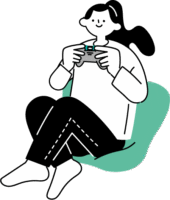 クッションにもたれ座りゲームをしている女性（シンプル配色）