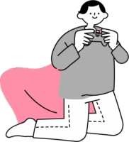 膝立ちをして前のめりゲームをしている男性（シンプル配色）