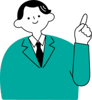 人差し指を立てにこやかに微笑むスーツ姿の男性（シンプル配色）