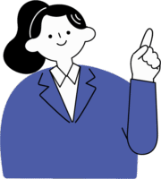 人差し指を立てにこやかに微笑むスーツ姿の女性（シンプル配色）