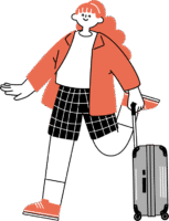 キャリーケース片手にスキップ調に歩く女性のイラスト（シンプル配色）