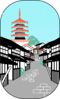 石畳と三日坂通り沿いに見える八坂の塔のイラスト（カラフル配色）