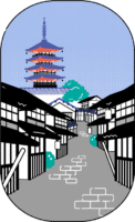 石畳と三日坂通り沿いに見える八坂の塔のイラスト（カラフル配色）