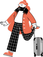 スキップしてダッフルコートにマフラーを巻いた女性（シンプル配色）