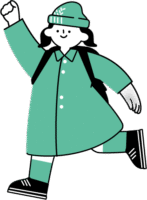 リュックを背負いガッツポーズをして走り出しそうな女の子（シンプル配色）