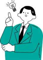 肘に手を置いた指先に電球が光る男性のイラスト（シンプル配色）