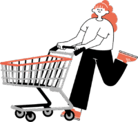 買い物カートを意気揚々と押す女性。シンプルカラー配色で購買のワクワク感を表現