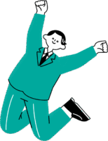 両手両足をあげジャンプして喜ぶ男性（シンプル配色）