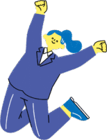 両手両足をあげジャンプして喜ぶ男性（カラフル配色）