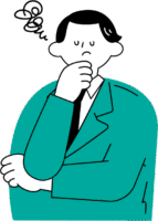 目を閉じ顎に手を添え思考するの男性のイラスト（シンプル配色）