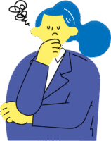 目を閉じ顎に手を添え思考するの女性のイラスト（カラフル配色）