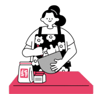 ボール片手に泡立て器で混ぜる女性のイラスト（シンプル配色）