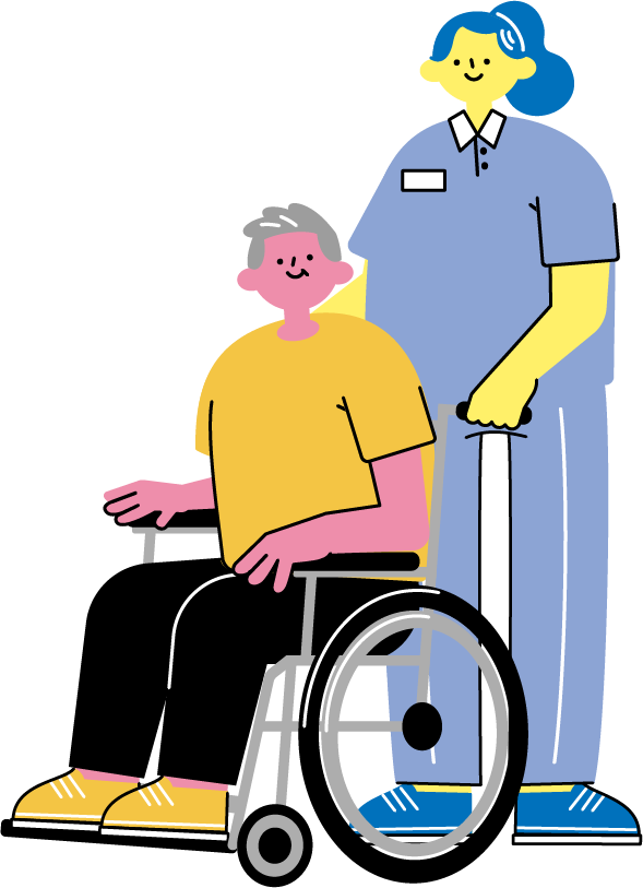 車いすの男性と介助する女性スタッフ