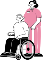 介助スタッフが車椅子を押し押してるイラスト（シンプル配色）