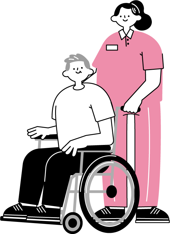 介助スタッフが車椅子を押し押してるイラスト（シンプル配色）
