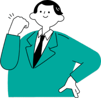 顔の前に握り拳を出し腰に手を添え自信のある顔の男性のイラスト（シンプル配色）