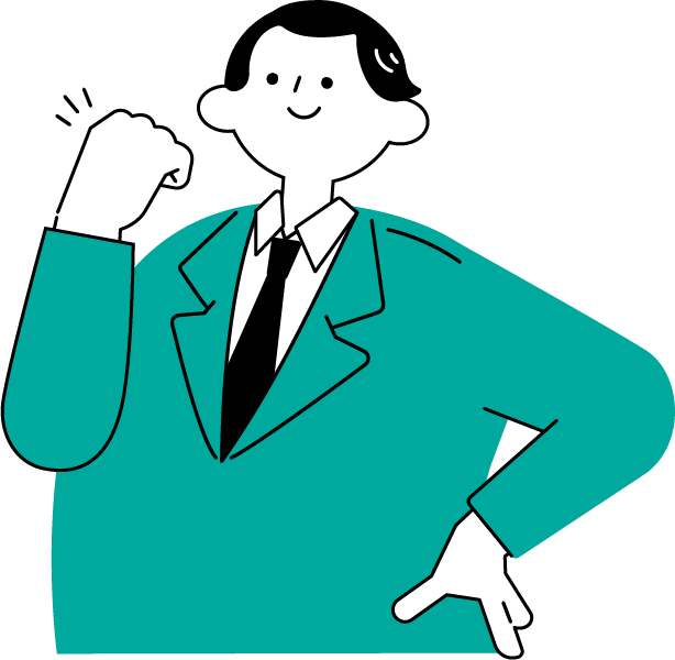 顔の前に握り拳を出し腰に手を添え自信のある顔の男性のイラスト（シンプル配色）