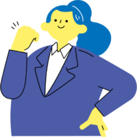 顔の前に握り拳を出し腰に手を添え自信のある顔の女性のイラスト（シンプル配色）