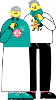 おばあさんはお花柄のピンクのオーナメントを持ち、おじいさんはジンジャービスケットのオーナメントを持つイラスト（カラフル配色）
