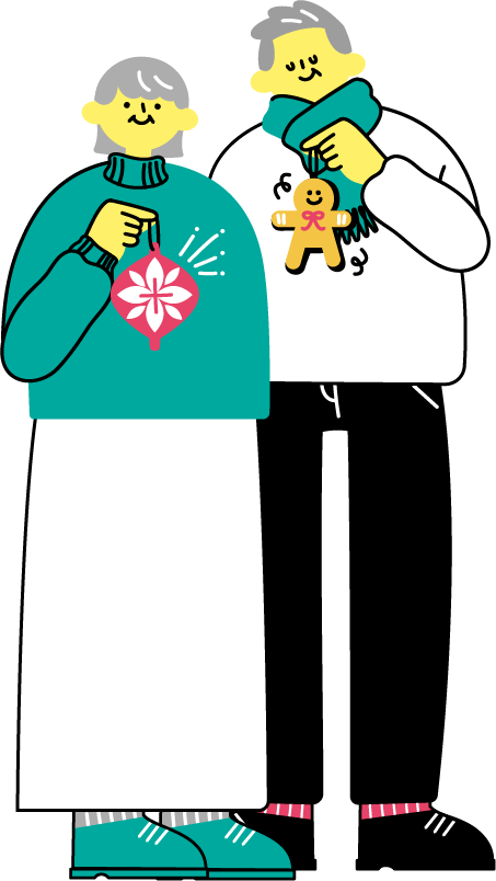 おばあさんはお花柄のピンクのオーナメントを持ち、おじいさんはジンジャービスケットのオーナメントを持つイラスト（カラフル配色）