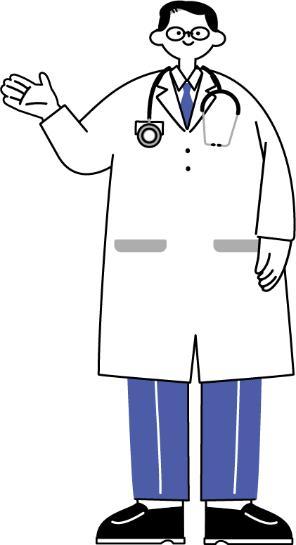 メガネをかけ肩に補聴器をかけた男性医師（シンプル配色）