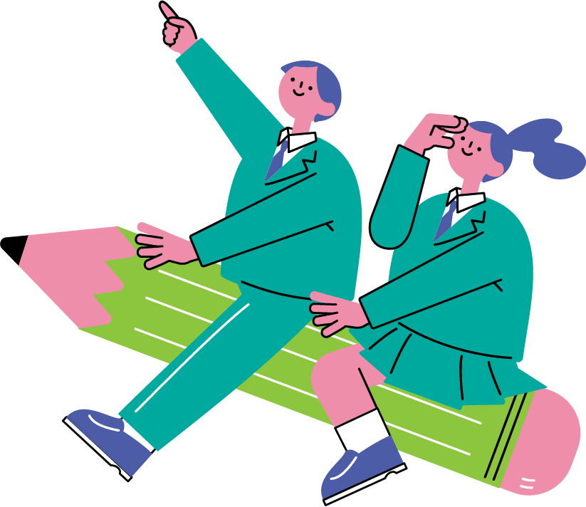鉛筆に乗って未来へ向かう学生のイメージ