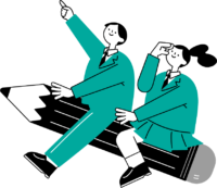 鉛筆に跨り明日へ指を刺す学生服を着た男の子と日差しを隠しながら男の子と同じ方向をみてる学生服の女の子のイラスト（シンプル配色）