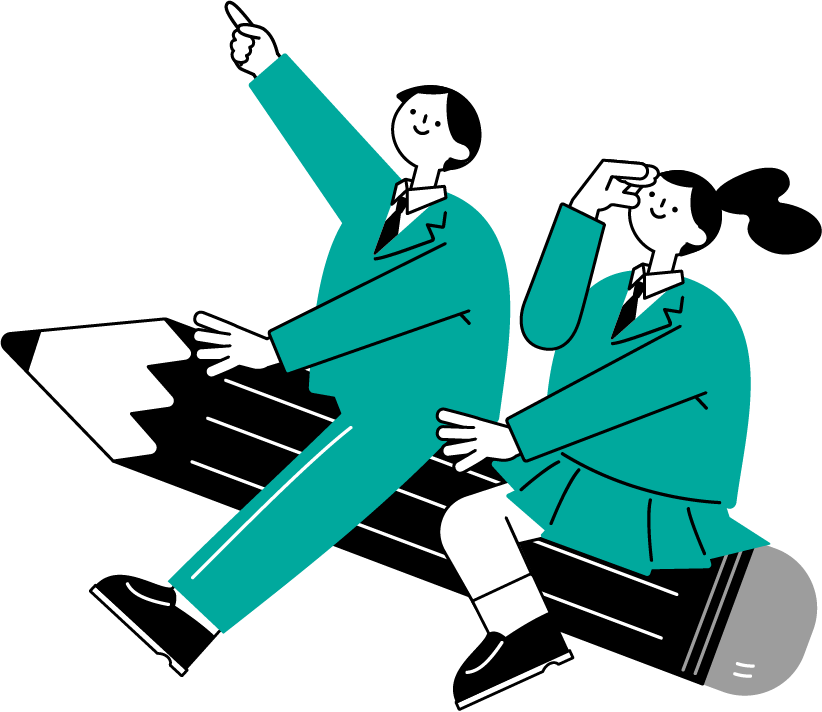 鉛筆に跨り明日へ指を刺す学生服を着た男の子と日差しを隠しながら男の子と同じ方向をみてる学生服の女の子のイラスト（シンプル配色）