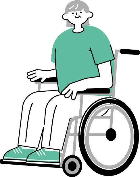 車椅子に乗り微笑み白髪頭の高齢の女性のイラスト（シンプル配色）