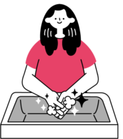 長髪、半袖服の女性が洗面台で手を擦って洗ってるイラスト（シンプル配色）