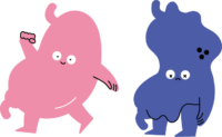 拳をあげて元気そうな胃の擬人化したイラストと目がバツになって弱った胃のイラスト（カラフル配色）