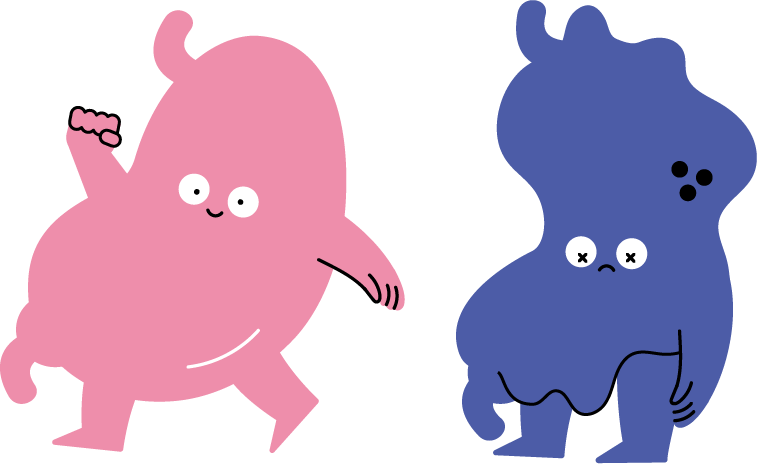 拳をあげて元気そうな胃の擬人化したイラストと目がバツになって弱った胃のイラスト（カラフル配色）