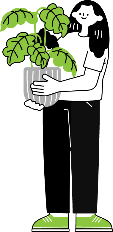 モンステラの植木鉢を抱えている長髪の女性（シンプル配色）