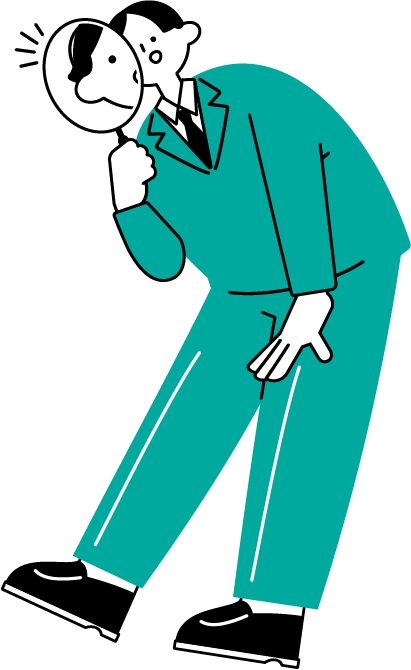 少し屈み気味になり膝に手をついて虫眼鏡で対象を確認するような動作の男性（シンプル配色）