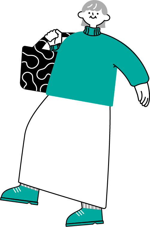 ショルダーバック片手に歩く女性（シンプル配色）