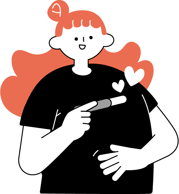 お腹を摩り妊娠検査キット片手に安堵の様子の女性のイラスト（シンプル配色）