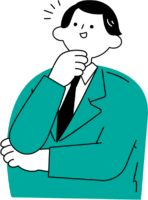 腕を組みながら顎に手を当て考えがまとまり表情が緩む男性（シンプル配色）