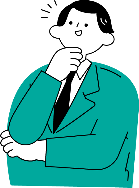 腕を組みながら顎に手を当て考えがまとまり表情が緩む男性（シンプル配色）