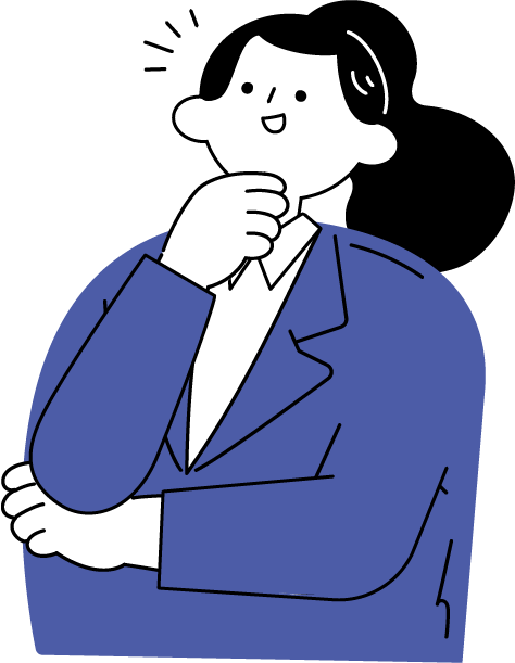 腕を組みながら顎に手を当て考えがまとまり表情が緩む女性（シンプル配色）