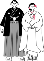 右に白無垢を着た花嫁と左に紋付袴姿の新郎（シンプル配色）