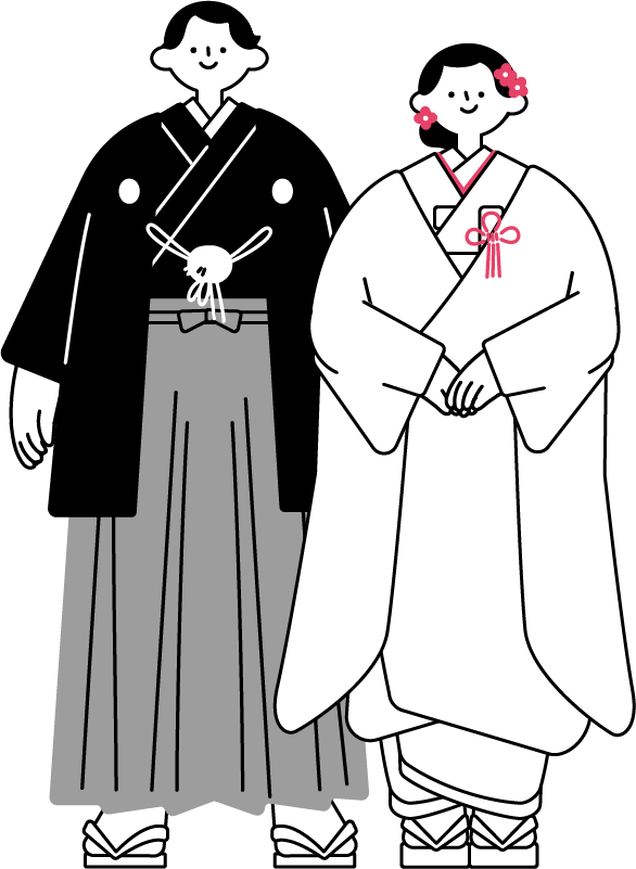 右に白無垢を着た花嫁と左に紋付袴姿の新郎（シンプル配色）
