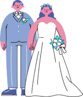 左にタキシード姿の男性、右に花束をもったウエディングドレスの女性（カラフル配色）