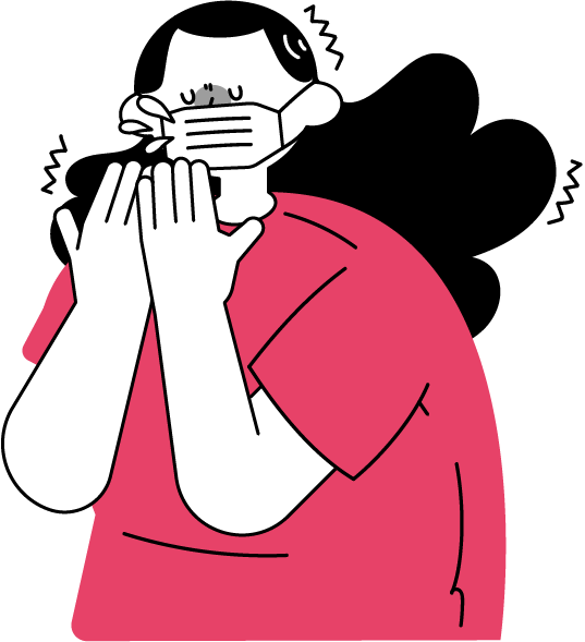 マスクをして体調不良の女性のフリーイラスト（シンプル配色・商用可）