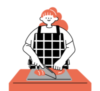 後ろで髪を止め、エプロンをして調理を行なっている女性（シンプル配色）