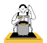 エプロンをつけて左手に小皿、右手におたまを持った男性（シンプル配色）